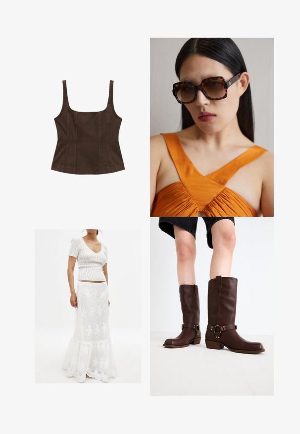 Brown, sleeveless top with a square neckline, fitted design, seam detailing, and a textured fabric. No additional embellishments.; White knitted top with short sleeves and a V-neck. Flowing white skirt with lace overlay, frilled hem, and floral pattern.; Brown leather knee-high boots with a rounded toe, textured surface, ankle strap, and silver hardware detail; stacked heel.; Brown tortoiseshell oversized sunglasses with a wide rectangular frame and gradient lenses. Gold logo detail on the side.; Brown suede tote bag featuring a triangular design, elongated shoulder straps, and a large open top with a cut-out handle detail.