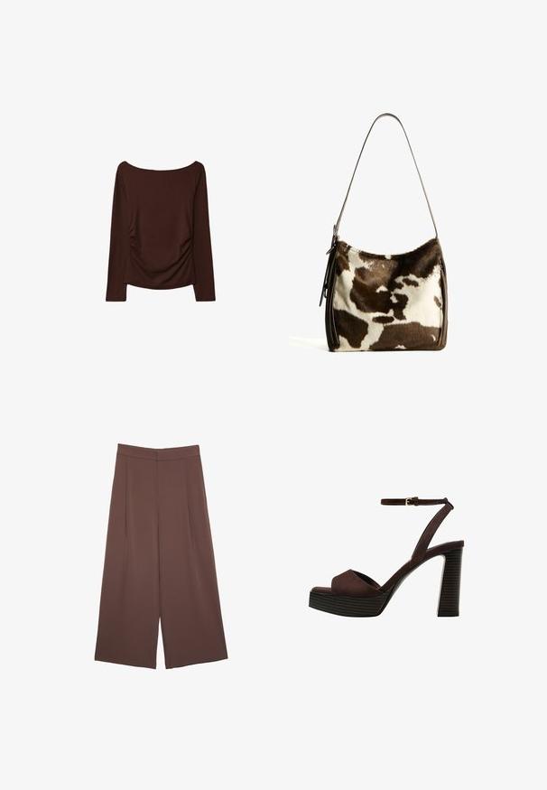 Brauner Langarmoberteil mit weitem Ausschnitt und gerafften Details an den Seiten, hergestellt aus einem weichen, dehnbaren Material.; Braune Weite-Leg-Hosen mit einer glatten Textur, hoher Taille und Vorderfalten. Der Stoff ist leicht und fällt locker.; Braune Wildleder-Pumps mit offenem Zeh, verstellbarem Knöchelriemen und gestreiftem Plateausohlen.; Braune und cremefarbene Kuhhaut-Umhängetasche mit einem glatten Ledertrageriemen, Reißverschluss und einer weichen, strukturierten Oberfläche mit einem natürlichen Muster.