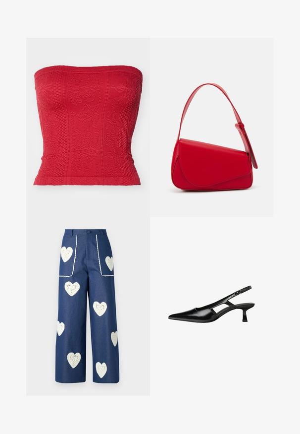 Rotes trägerloses Oberteil mit strukturierten Mustern, detaillierten Stickereien und einer taillierten Passform. Hergestellt aus einem dehnbaren Stoff für einen maßgeschneiderten Sitz.; Sister Jane HEART TO HEART - Jeans Straight Leg - blue denim; Schwarze Lackleder-Slingback-High Heels mit spitzer Zehenform, ausgeschnittenem Seitendesign und kleinem Blockabsatz. Glatte Textur mit minimalen Akzenten.; Rote Lederhandtasche mit einem kantigen, geometrischen Design. Verfügt über einen verstellbaren Schulterriemen und einen Klappenverschluss mit genähten Details.