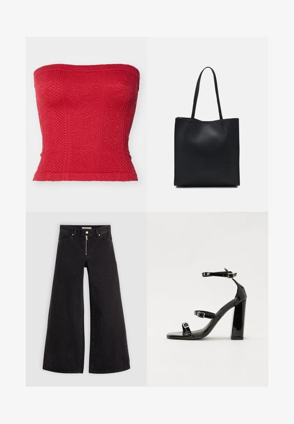 Top rojo sin tirantes que presenta patrones texturizados, bordados detallados y un diseño ajustado. Fabricado con una tela elástica para un ajuste a medida.; Jeans de pierna ancha en denim negro con cierre frontal, diseño de cinco bolsillos y detalles de costura sutiles. Textura suave y estilo casual.; Sandalias de tacón de charol negro con punta cuadrada, correas en el tobillo y hebillas plateadas. Presentan un tacón grueso para mayor estabilidad.; Bolso tote de cuero negro con textura lisa, forma rectangular y dos asas largas. Sin herrajes ni adornos visibles.