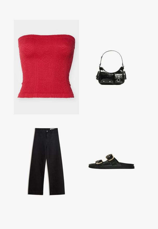 Červený bezramínkový top s texturovanými vzory, detailním vyšíváním a přiléhavým střihem. Vyrobeno z elastické tkaniny pro dokonalé padnutí.; Černé denimové kalhoty s volným střihem a vysokým pasem, vybavené předními a zadními kapsami, prošívanými švy a knoflíkovým zapínáním. Hladká textura.; Černé kluzné sandály s dvěma zlatými sponami, hladkým texturovaným materiálem, plochou podrážkou a minimalistickým designem.; Černá lakovaná kožená kabelka s křivkovým tvarem, jedním ramenním popruhem, předními kapsami a stříbrnými kovovými detaily.