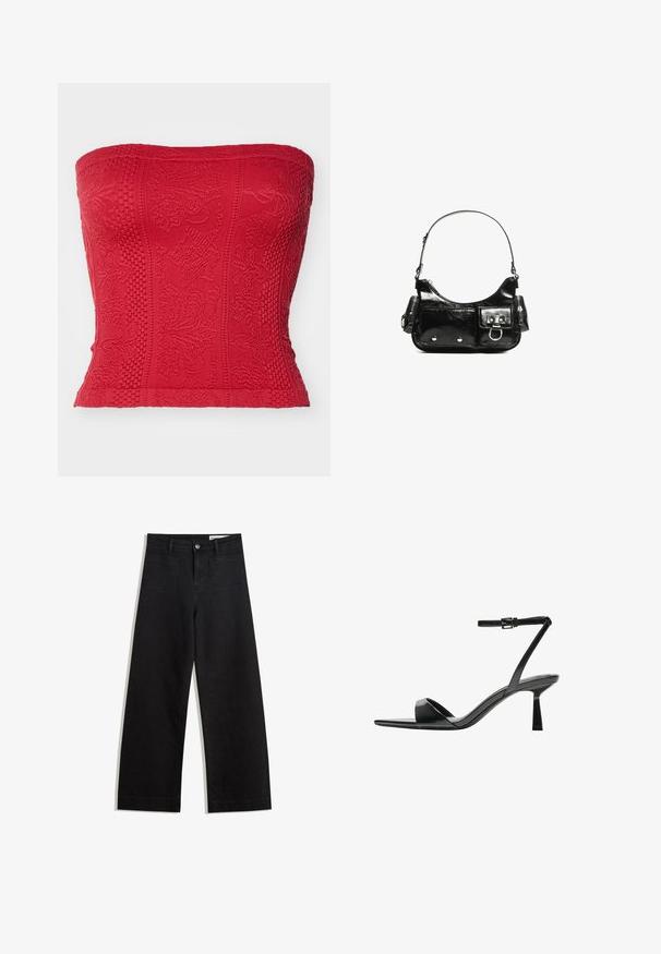 Rdeč brezramen top z teksturiranimi vzorci, podrobnim vezenjem in oprijetim dizajnom. Narejen iz raztegljive tkanine za prilagojen fit.; Črne široke denim hlače z visokim pasom, ki imajo sprednje in zadnje žepe, šivane šive ter gumbasto zapiranje. Gladka tekstura.; Bershka Sandali z visoko peto - black; Črna lakasta usnjena torbica s ukrivljeno obliko, enim ramenskim trakom, sprednjimi žepi in srebrnimi kovinskimi dodatki.