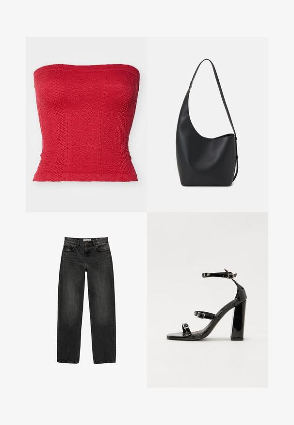 Piros pánt nélküli felső, textúrázott mintázattal, részletes hímzéssel és testhez simuló fazonnal. Rugalmas anyagból készült, hogy tökéletes illeszkedést biztosítson.; Fekete farmernadrág laza szabással, egyenes szárakkal, öt zsebes dizájnnal és enyhén elhalványult textúrával. Elöl gombos és cipzáras záródás.; Fekete lakk magas sarkú szandál négyzet alakú orral, bokapántokkal és ezüst csatokat tartalmaz. Masszív blokk sarka a stabilitásért felel.; Fekete bőr hobo táska sima textúrával, ívelt formával és egyetlen állítható pánttal; széles nyílás található a tetején.