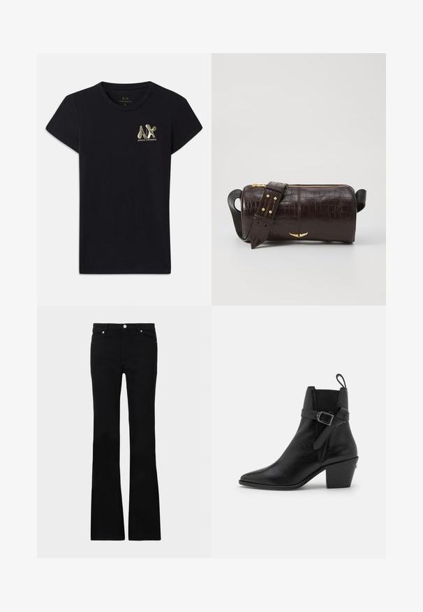 Čierne bavlnené tričko s krátkym rukávom, na ľavej strane hrude s zlatým logom "A|X" a "ARMANI EXCHANGE". Štandardný dizajn okrúhleho výstrihu.; Čierne rozšírené džínsy vyrobené z denimu, s dvoma prednými vreckami, zapínaním na gombík a hladkým povrchom. Viditeľné podpisové šitie na švoch.; Čierne kožené členkové čižmy s špicatou špičkou, blokovým opätkom a detailmi v podobe bočných prackov. Vyznačujú sa hladkou textúrou a pútkom na zadnej strane.; Hnedá taška z kože s embosovaným vzorom krokodíla, cylindrického tvaru, so zlatými hardvérovými doplnkami a odnímateľným popruhom so štítkami.