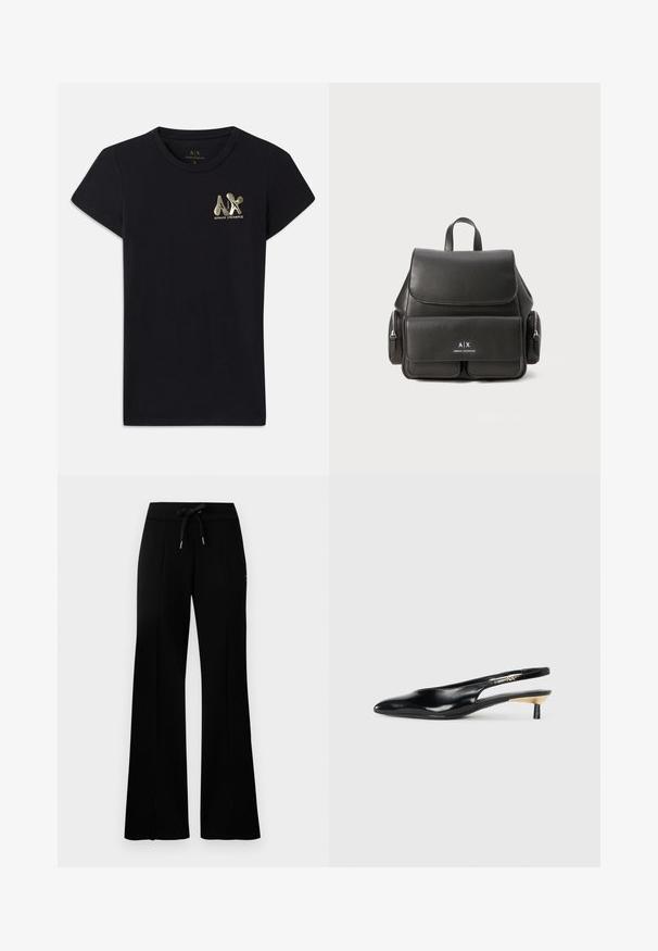 Musta puuvillane T-särk lühikeste varrukatega, millel on vasakul rinnal kuldne logo "A|X" ja "ARMANI EXCHANGE". Tavaline ümmargune kaelus.; Musthave laiad mustan värvi dressipüksid, millel on reguleeritav vöökoht, külgedel lõhikud, pehme kangas ja elegantne disain.; Mustad seljatoega mustad kontsakingad, millel on terav nina, läikiv nahkviimistlus ja väike kand kuldse detailiga. Sujuv disain avatud seljaprofiiliga.; Must must nahk Seljakott klapi sulgemisega, esikoti, külgsete tõmblukkudega sektsioonide ja ülemise käepidemega. Esiküljel on logo detailid.