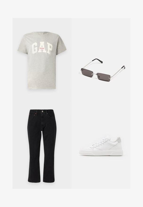 Grå bomulds t-shirt med korte ærmer og rund halsudskæring. Har stort hvidt "GAP" logo og rødt "Original" tekst. Blød tekstur, afslappet design.; Sorte og grå ternet jakke med krave, knaplukning foran og to brystlommer. Lavet af et struktureret stof.; Sorte denim jeans med lige ben, fem lomme-design og metalhardware med kobberdetaljer. Glat tekstur og mellem høj midt.; Hvide lædersneakers med en glat finish, rund tå, flade snørebånd og en struktureret sål. Grå ruskindsdetalje ved hælen.; Solbriller med rektangulære, mørke grå linser, sølv metalrammer og sorte plastiks spidser på stængerne. Letvægtsdesign med næsepuder.