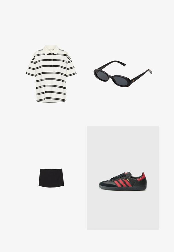 Hvid polo t-shirt med sorte vandrette striber, korte ærmer og klassisk krave. To-knaps placket og lige kant nederst.; Sort miniskørt lavet af glat, strækbart stof; har et lige snit med en subtil kant og ingen synlige lukkemekanismer eller mønstre.; Sort sportssko med røde striber, lavet af læder og ruskind, med rund snude, flad gummisål og guldfarvet tekst på siden.; Store store; Vævet stråkurv med en udvidet form, der har en sort læderbund og håndtag. Teksturerede naturlige fibre med glatte sorte detaljer.; Casio kvartsur med en rektangulær sølvskive, guld accenter og et tofarvet metalarmbånd i sølv og guld. Vandafvisende funktion.