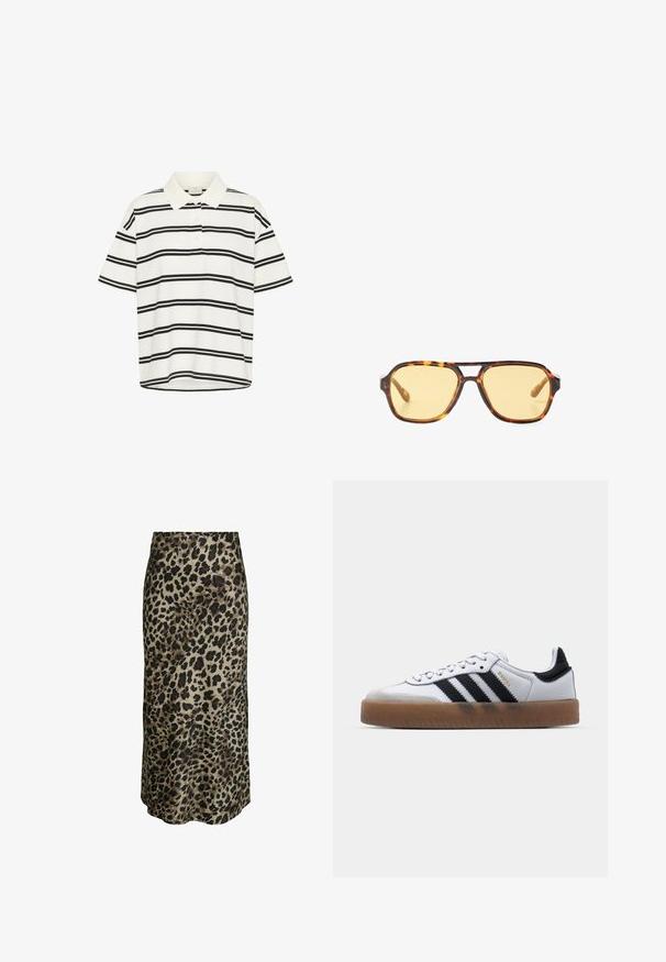 Hvid polo t-shirt med sorte vandrette striber, korte ærmer og klassisk krave. To-knaps placket og lige kant nederst.; Leopardmønstret midi-nederdel i et silkeblød stof. Har en glat tekstur, neutral beige baggrund med dybe brune og sorte pletter.; Hvide lædersneakers med sorte striber, gummirubber sål, rund tå, snørelukning og blød grå ruskinds tåhætte.; Skildpaddemønstrede solbriller med et geometrisk design, gule linser og metal detaljer på stængerne. Bredt stel og mat overflade.; Hvid læderhåndtaske med gulddetaljer, der har en klaplukning og en aftagelig, justerbar rem. Rundet metalaccent i midten.; Singularu DROP - Øreringe - gold-coloured