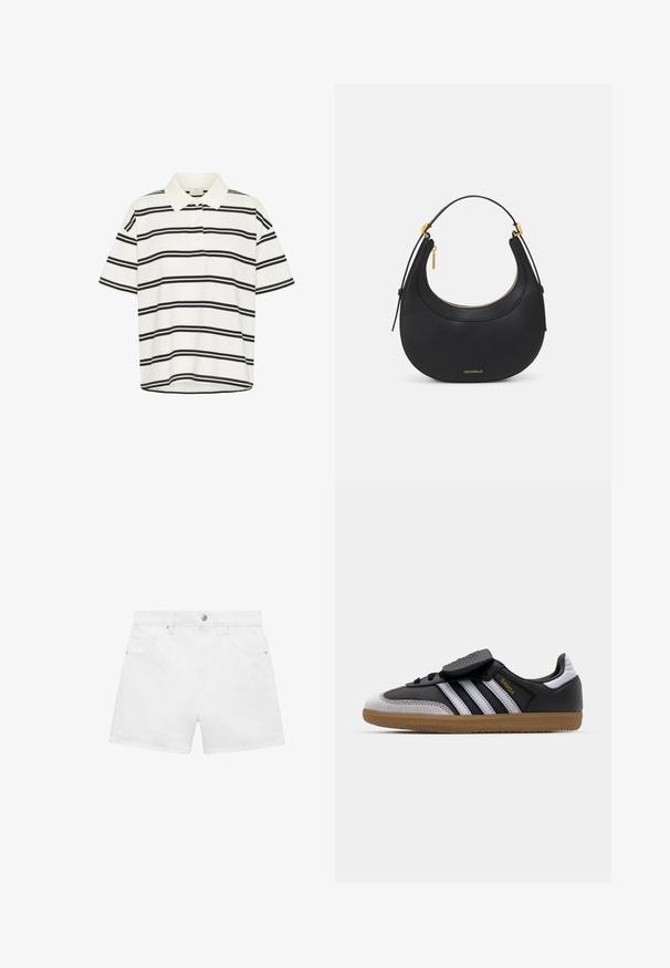 Hvid polo t-shirt med sorte vandrette striber, korte ærmer og klassisk krave. To-knaps placket og lige kant nederst.; Hvide denim shorts med et design med fire lommer, der har en frontknap og lynlås, præsenteret mod en ensfarvet baggrund.; Sort læder og grå ruskind sneakers med hvide striber, gummisål, snørebånd foran og velcrolukning. Har "Samba" branding i guld.; Sort læderhåndtaske med en rund form, tekstureret overflade, guld hardware-detaljer og lynlås-lukning. Logoet vises nederst.; Guldtonede knude-stud øreringe med et vredet design. Hver ørering har en cirkulær klar bagside for sikker brug.