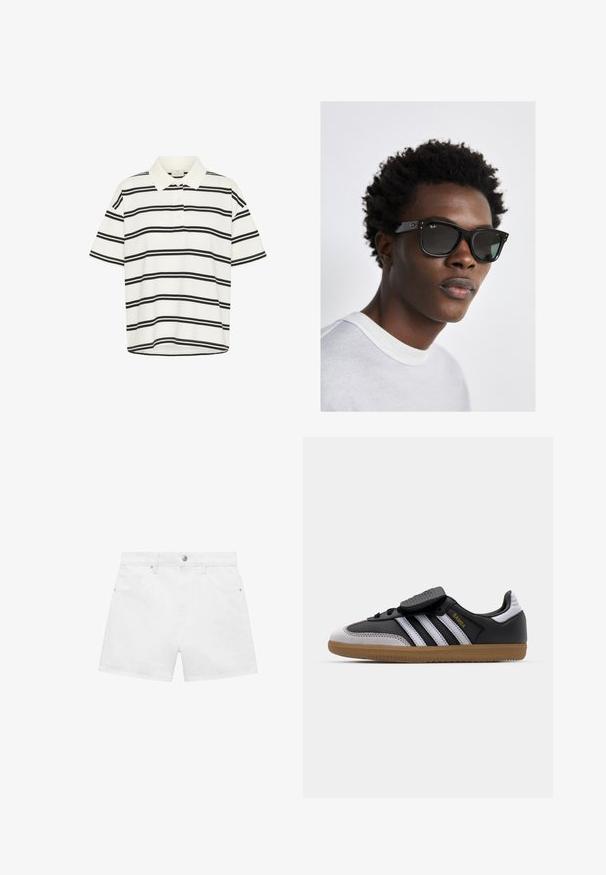 Polo bianca con strisce orizzontali nere, maniche corte e colletto classico. Chiusura a due bottoni e orlo dritto nella parte inferiore.; Shorts in denim bianco con un design a quattro tasche, dotati di chiusura frontale con bottone e zip, mostrati su uno sfondo semplice.; Sneaker in pelle nera e suede grigio con strisce bianche, suola in gomma, chiusura con lacci nella parte anteriore e strappa in velcro. Presenta il marchio "Samba" in oro.; Occhiali da sole Ray-Ban neri con montatura quadrata, lenti scure e dettagli in metallo argentato. Il modello indossa un maglione grigio chiaro a girocollo.; Borsa a mano in pelle nera con forma arrotondata, superficie texture, dettagli in metallo dorato e chiusura a zip. Logo visibile nella parte inferiore.