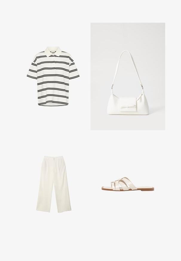 Biała koszulka polo z czarnymi poziomymi paskami, krótkie rękawy i klasyczny kołnierzyk. Dwie guziki przy zapięciu i prosty dół.; Spodnie z szerokimi nogawkami w kremowej tkaninie o gładkiej fakturze, z pojedynczym guzikiem z przodu, subtelnymi plisami i wysokim stanem.; Płaskie sandały z brązową gumową podeszwą, zaprojektowane z trzema nakładającymi się na siebie białymi skórzanymi paskami i małym detalem w postaci kokardy na środku.; Biała syntetyczna torba o trójkątnym kształcie, płaskim przednim klapce i detalach w postaci kokardy, regulowanym pasku, gładkiej fakturze oraz minimalistycznym designie.; Złocony naszyjnik w kształcie węża, gładka faktura, elastyczny design, wyposażony w zapięcie typu karabińczyk oraz przedłużany regulowany łańcuszek do dostosowywania długości.