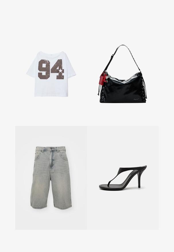 Hvid kortærmet T-shirt med løs pasform, prydet med et stort, slidt sort tryk af tallet "94" og en lille stjernesdetail.; Lyseblå denimshorts med en afslappet pasform, der har fem lommer, bæltestropper og en falmet tekstur. Sømmen er rullet og syet.; Sorte højhælede sandaler med en tynd rem, thongsdesign, spids tå og en slank, glat finish. Flad sål med en diskret hæl.; Sort læder håndtaske med et slaskede design, snøre detaljer på siderne og et rødt accentmærke. Har en lang justerbar rem.