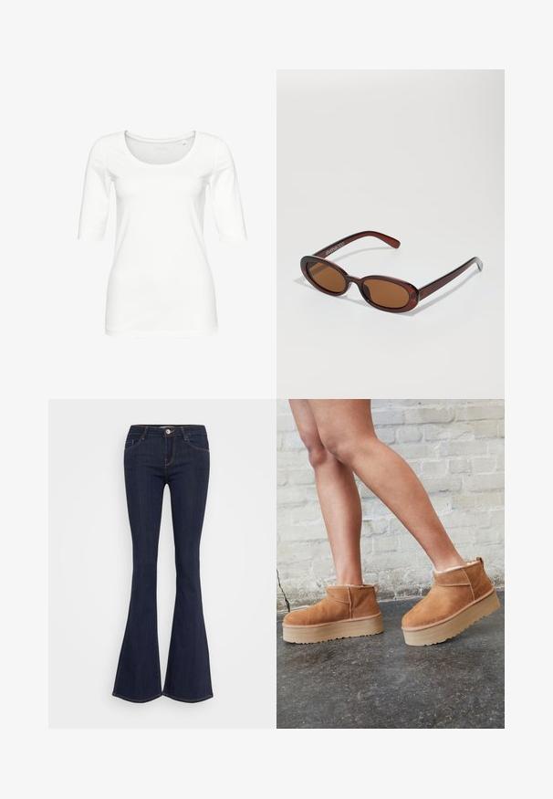 White long-sleeve top made from soft cotton. Features a scoop neckline and fitted silhouette with 3/4 sleeves. Simple, seamless design.; Dark denim flared jeans with a fitted waist, featuring a front button closure, five-pocket design, and seam detailing along the legs.; Brown suede ankle boots with a plush lining, thick beige platform sole, and a rear pull tab. Textured surface with visible stitching details.; Round, brown-tinted sunglasses with a glossy burgundy frame. Slim arms with subtle branding detail. Flat lens design.