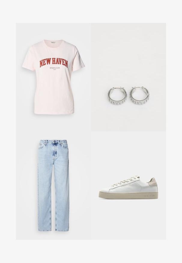 Heled roosa puuvillane T-särk, millel on rasvaste punaste tähtedega "NEW HAVEN" ning allpool "SPORTS CLUB". Lühikesed varrukad ja ümmargune kaelus.; Heledad sinise värvi laiad teksad, mis on valmistatud denimist, kõrge vöökoht, pleekinud pesu ja peen tie-dye muster ettepoole.; Valge nahast toss, millel on sile pind, beežist seemisnahast aktsendid, ümar nina, lame puuvillane pael ja tekstuuriga kummitald.; Hõbedased rõngassõrmed tekstureeritud disainiga, kus on vertikaalsed sooned. Ümmargune kuju ja kindel lukustus. Sile viimistlus.