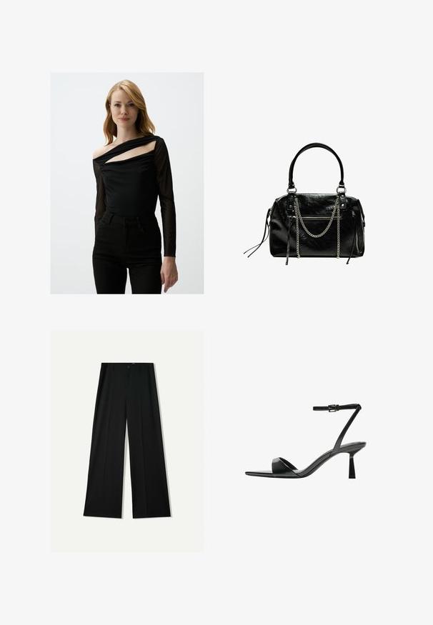 Schwarzes Langarmoberteil mit einem transparenten Überwurf, das über einen asymmetrischen Ausschnitt und ein schulterfreies Detail verfügt. Kombiniert mit schwarzen hochgeschnittenen Hosen.; Bershka WIDE - Stoffhose - black; Bershka High Heel Sandalette - black; Bershka WITH CHAIN - Handtasche - black