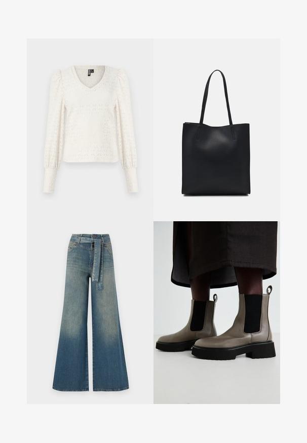 Weißes gestricktes Oberteil mit V-Ausschnitt, langen Puffärmeln und Rautenmusterstruktur. Gerippte Bündchen an den Ärmelenden. Weicher, leichter Stoff.; Weit geschnittene Denim-Hosen mit einem Farbverlauf von hellblau zu dunkelblau, hoher Taille, Gürtelschlaufen und einem passenden Stoffgürtel. Strukturierte Denim-Oberfläche.; Graue Knöchelstiefel aus strukturiertem Leder mit elastischen seitlichen Einsätzen und einer klobigen schwarzen Sohle. Mit Zugschlaufen für einfaches An- und Ausziehen.; Schwarze Laptoptasche aus Leder mit glatter Textur, rechteckiger Form und zwei langen Griffen. Keine sichtbaren Beschläge oder Verzierungen.