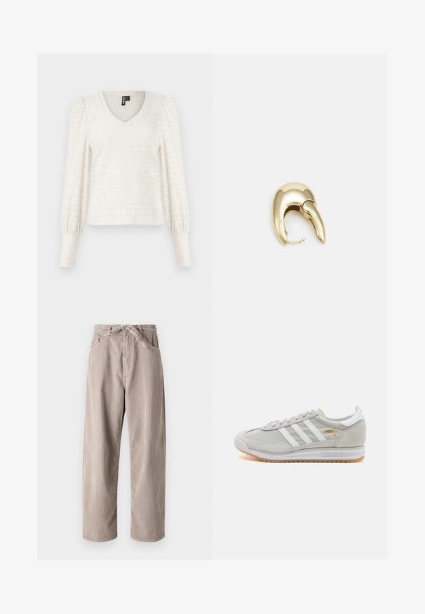 White knitted top with a V-neck, long puff sleeves, and diamond pattern texture. Ribbed cuffs at sleeve ends. Soft, lightweight fabric.; Beige corduroy trousers with a loose fit, featuring a drawstring waist, two front pockets, and vertical ribbed texture.; Light grey sneaker made of suede and mesh, featuring three white stripes, round toe, and a gum rubber sole. Gold logo accent near laces.; Gold-tone metal earring with a sleek, curved design. Features a distinctive pointed shape, polished surface, and hinge closure.