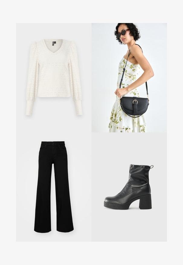 Top bianco lavorato a maglia con scollo a V, maniche lunghe a palloncino e texture a motivo diamante. Polsini a coste agli estremi delle maniche. Tessuto morbido e leggero.; Pantaloni neri a gamba larga in denim, con una vita strutturata, passanti per la cintura e tasche frontali. Texture liscia con un design classico.; Stivali neri alla caviglia in pelle liscia, con zip laterale, tacco spesso e texture, e punta arrotondata.; Borsa a tracolla nera in pelle con una forma curva, manico rimovibile e accessori dorati. La borsa presenta una patta con un dettaglio a fibbia.