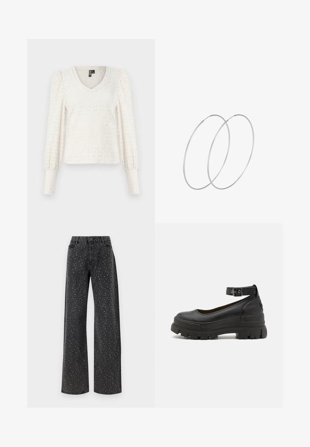 Top bianco lavorato a maglia con scollo a V, maniche lunghe a palloncino e texture a motivo diamante. Polsini a coste agli estremi delle maniche. Tessuto morbido e leggero.; Noisy May NMJANNEL LOOSE - Jeans baggy - black denim; Buffalo ASPHA - Scarpe con plateau - black; Orecchini a cerchio in argento con un design minimalista. Forma circolare, superficie liscia e profilo sottile. Leggeri con una finitura lucida.
