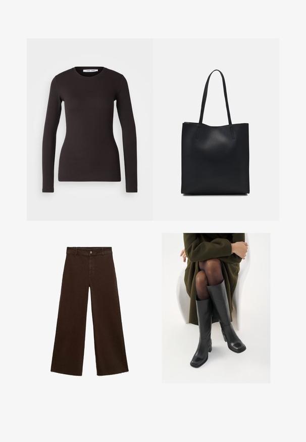 Top negro de manga larga hecho de un tejido suave y elástico. Presenta un cuello redondo y un corte ajustado con una textura lisa y sin patrones visibles.; Pantalones de pierna ancha marrones en una mezcla de algodón, con un dobladillo deshilachado, cierre frontal de botón y diseño clásico de cinco bolsillos. Minimalistas y versátiles.; Botas de cuero negro hasta la rodilla con puntera cuadrada y tacón de bloque, presentadas con un modelo sentado en un abrigo verde oliva. Textura suave, mínimo detalle.; Bolso tote de cuero negro con textura lisa, forma rectangular y dos asas largas. Sin herrajes ni adornos visibles.