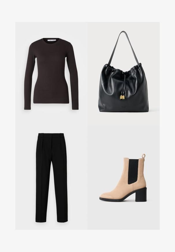 Top negro de manga larga hecho de un tejido suave y elástico. Presenta un cuello redondo y un corte ajustado con una textura lisa y sin patrones visibles.; Pantalones negros de corte entallado con un ajuste recto, frente con pliegues, tela pulida y cintura media. Sin bolsillos visibles ni detalles de herrajes.; Botín de ante beige hasta el tobillo con un tacón ancho, que presenta un elástico negro a los lados y una pestaña en la parte posterior. Textura suave y diseño de punta redondeada.; Bolso de drawstring de cuero negro con textura suave, parte superior recogida y sutil herrajes dorados. Cuenta con una sola correa resistente y un logo en relieve.