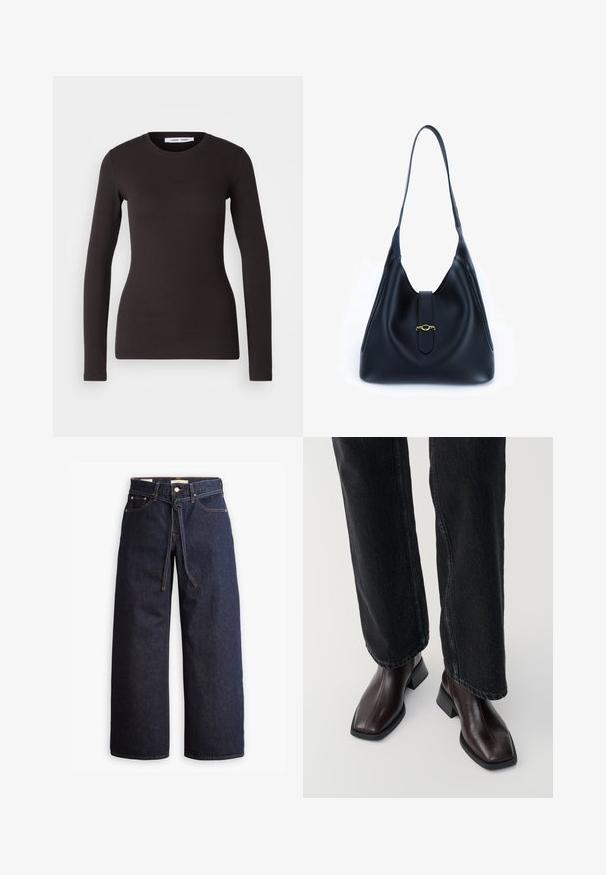 Long-sleeve black top made of soft, stretchy fabric. Features a round neckline and slim fit with smooth texture and no visible patterns.; Wide-leg dark blue denim jeans with a high waist, featuring a drawstring tie, five pockets, and contrasting stitching details.; Brown leather ankle boots with a square toe and block heel, paired with black wide-leg jeans. Smooth texture and minimalistic design.; Black leather handbag with a soft, slouchy design. Features a flat strap and a central closure adorned with a gold accent.