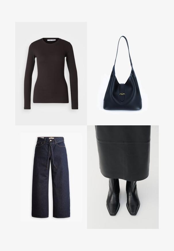 Långärmad svart topp i mjuk, elastisk tyg. Har rund halsringning och smal passform med slät yta och inga synliga mönster.; Brettbeniga mörkblå denimjeans med hög midja, utrustade med snörning, fem fickor och kontrasterande sömmar.; Svarta läderstövlar med hög ankel, fyrkantig tådesign och sidodragkedja. Slät textur med minimal hårdvara; matchas med en svart läderkjol.; Svart läderhandväska med en mjuk och avslappnad design. Har ett platt handtag och en central stängning prydd med ett guldackcent.