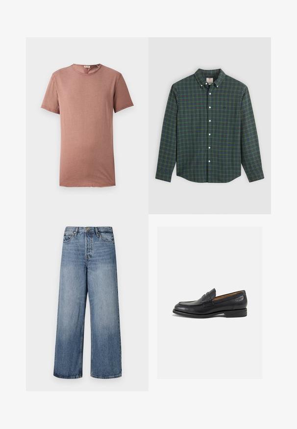 Kurzarm-T-Shirt mit Rundhalsausschnitt in staubigem Rosé. Weicher Stoff mit minimalen Details und geradem Schnitt, ideal für Freizeitkleidung.; Langarm-Hemd mit grün-blau-gelbem Karomuster, weißen Knöpfen und einem geknöpften Kragen.; Weite blaue Denim-Jeans mit einer ausgewaschenen Optik, Fünf-Taschen-Design und einer Knopfverschluss. Ausgestattet mit Gürtelschlaufen und gestickten Details.; Schwarze Leder Slipper mit glatter Oberfläche, runder Spitze und dekorativer Naht auf dem Vorderblatt. Niedriger Blockabsatz und leichter Glanz.