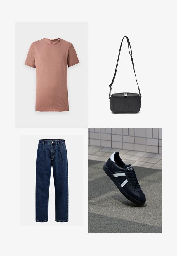 T-shirt med kort ärm och rund halsringning i dammros. Mjuk tyg med minimala detaljer och rak passform, lämplig för avslappnad klädsel.; Mörkblå denimjeans med rak bendesign. Har synliga sömmar, knappstängning och framträdande veck för extra detalj.; Svart lädersneaker med vita ränder, texturerad gummisul, och snörning fram. Har en märkesskylt på tungan.; Svart läder crossbody-väska med dragkedjestängning, präglad logga på framsidan och justerbar rem. Slät textur med rektangulär form.