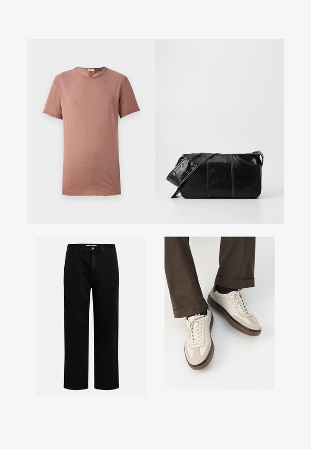 Rövid ujjú, kereknyakú póló poros rózsaszínben. Puha anyag minimális részletekkel és egyenes szabással, alkalmas hétköznapi viseletre.; Fekete farmernadrág egyenes szabással, klasszikus öt zsebes kialakítással és gombos derékkal. Simább textúra és tartós anyag.; Beige sportcipők, texturált velúr elülső résszel, sima bőr oldalakkal és barna gumitalppal. Fűzők és világos varrási részletek is megtalálhatók.; Fekete bőr válltáska, cipzárral zárva, texturált felülettel, fehér varrással és ezüst fémgyűrűs pánttal.