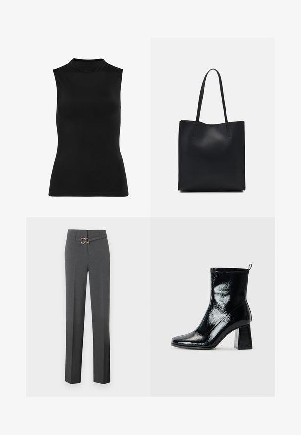 Melns bez piedurknēm topā, kas izgatavots no gludas auduma. Augsta apkakle un pieguļoša forma ar vienkāršu dizainu. Nav redzamu rakstu vai rotājumu.; Tumši pelēki piegriezti sieviešu bikses ar taisnām kājām un plānu atbilstošu jostu ar zelta toni sprādzi.; Melna lakota potīte līdz potītei ar kvadrātu purngalu un masīvu ģeometrisku papēdi. Tam ir gluda, spīdīga tekstūra un aizmugurējais cilpiņu elements, kas nodrošina ērtu uzvilkšanu.; Melnas ādas somiņa ar gludu tekstūru, taisnstūra formu un divām garām rokturiem. Nav redzamu aparatūras vai rotājumu.