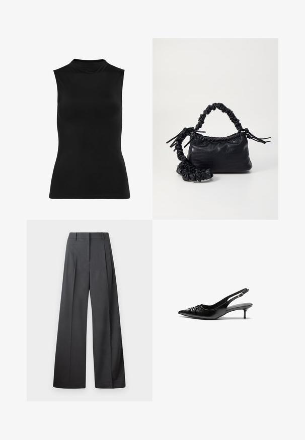 Svart ärmlös topp i slät tyg. Hög halsringning och åtsittande form med en enkel design. Inga synliga mönster eller utsmyckningar.; Vida byxor i mörkgrått tyg, med hög midja, enkla veck och en mjuk yta med en ren finish vid fållen.; Svart läderslingback med spetsig tå, låg klack i kattunge-stil och veckdetalj på framdelen. Slät textur och minimalistisk design.; Svart faux läderhandväska med krokodiltextur, snodd topp och en skrämd rem. Ser mjuk och kompakt ut i designen.