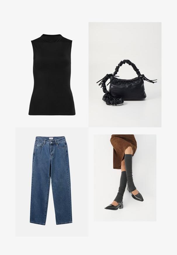 Top negru fără mâneci, realizat dintr-un material neted. Gât înalt și croială ajustată, cu un design simplu. Fără modele vizibile sau embellishements.; Jeans clasice din denim albastru, cu un design drept, cinci buzunare și închidere cu nasture. Prezentând o spălare medie și o textură rezistentă.; Pantofi negri din piele lacuită, cu vârful ascuțit, toc bloc și curea la glezna, asortați cu jambiere gri cu nervuri și o fustă din suede maro.; Geantă din faux leather neagră cu textură de crocodil, cu partea superioară strânsă și o curea mototolită. Pare moale și compactă ca design.