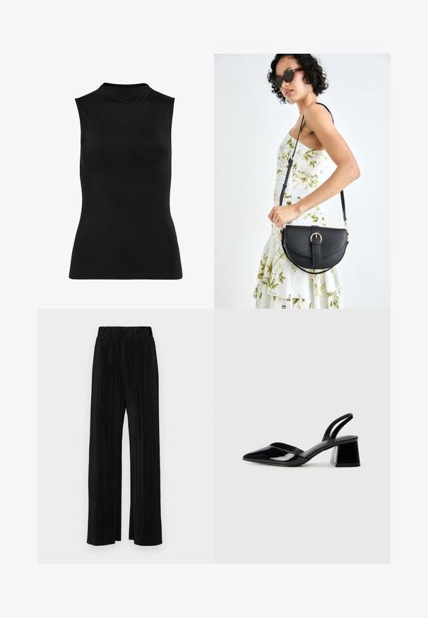 Juodas rankovių neturintis viršus, pagamintas iš lygaus audinio. Aukšta apykaklė ir prigludusi forma su paprastu dizainu. Nėra matomų raštų ar puošmenų.; Juodi plisuoti kelnės su elastine juosta. Turėkite plačias kojas ir glotnų, tekstūrinį audinį su vertikaliais dryžiais.; Juodos lakuotos odinės šlepetės su smailiu pirštu ir geometriniu bloko kulnu. Turi elegantišką, minimalistinį dizainą ir lygų paviršių.; Juodas odinis krepšys su išlenkta forma, nuimamu dirželiu ir auksiniais detalėmis. Krepšys turi kilpą su sagtimi.