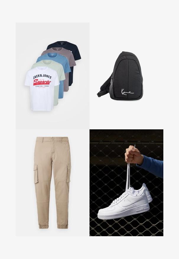 Pieci t-krekli sakrauti vienā rindā. Krāsas ietver baltu, gaiši zaļu, zilu, pelēku un tumši zilu. Uz balta krekla ir teksts. Apaļas kakla izgriezumi, īsas piedurknes.; Bežīgas cargo bikses izgatavotas no viegla kokvilnas materiāla. Tām ir elastīgas aproces, vairākas sānu kabatas un pogu aizdare.; Baltas ādas sporta apavi ar perforācijām, apaļu purngali, plakanu zoli un biezām šņorēm, ar redzamu swoosh logo un vārdu "AIR" uz papēža.; Melnas auduma siksnu mugursoma ar gludu tekstūru, ar izliekta dizaina, ar rāvējslēdzēju, un uz priekšu ir balts logo.