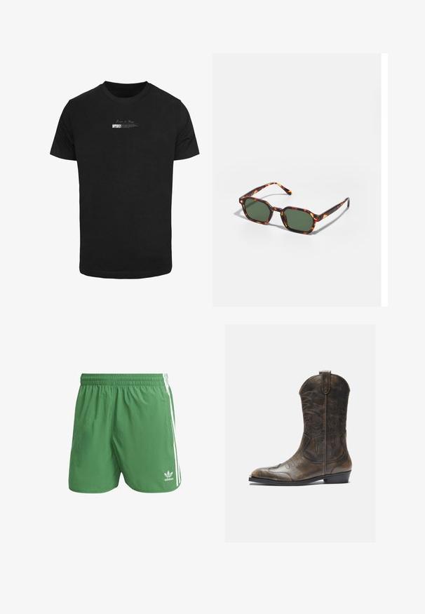 Juodas medvilnės marškinėliai trumpomis rankovėmis ir apykakle. Priekyje yra baltas užrašas, kuriame įskaičiuota žodis "BALSAS".; Žali sportiniai šortai, pagaminti iš lengvo medžiagos, su baltais šonų juostelėmis ir "Adidas" logotipu kairiajame krašte. Elastinga juosmens juosta.; Rudos odinės kaubojų botai su aukšta ašimi, smailiu pirštu, sudėtingomis siuvimo raštais ir mažu kulnu. Tekstūruotas paviršius visame ilgyje.; Žvyneliai akiniai nuo saulės su žaliais lęšiais, turintys aštuonkampį formos ir plonas, lenktas šakeles. Medžiaga turi blizgų paviršių.