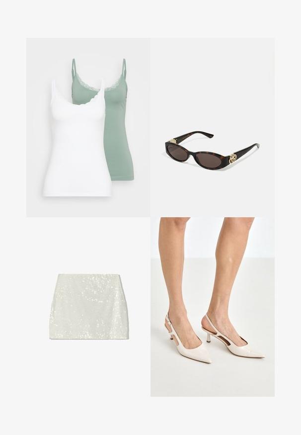 Dva topy na ramínka: jeden bílý, druhý šalvějově zelený. Oba mají výstřih lemovaný krajkou a tenké nastavitelné ramínka. Měkká, hladká látka.; Bershka Áčková sukně - white; Béžové lakované lodičky na podpatku s špičatou špičkou a 5 cm podpatkem, se vykrojenými boky a tenkým kotníkovým páskem.; Brýle sluneční s kočičím vzorem, prodloužené oválné čočky, hnědý odstín, zlaté logo na spáncích a elegantní černé nožičky.; Bílá květinová kabelka s nabraným textilním povrchem, řetízkovým popruhem ve zlatém tónu a kovovým zámkem. Disponuje texturovanými okvětními lístky pro větší detail.