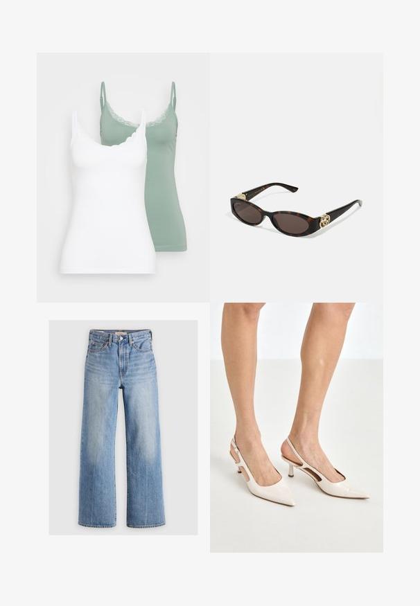 To camiser: en hvit og en salviegrønn. Begge har en lacedekorert utringing og tynne justerbare stropper. Myk, glatt stoff.; Lys blå denim vidbenede jeans med høj talje, falmede områder, fem lommer og kontraststikning. Klassisk knap- og lynlåslukning.; Beige patent lærstøvletter med spidse tå og 5 cm hæl, med udskårne sider og en tynd ankelrem.; Skilpadde-solbriller med avlange ovale linser, brun tint, gull-logo aksenter på stengene og elegante svarte armer.