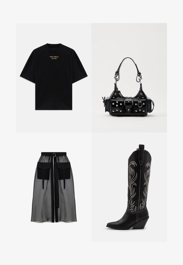 Juoda medvilninė marškinėliai su trumpomis rankovėmis, apvaliu kaklu, su auksu spausdintu tekstu "JUST CAVALLI TRUE LOVER" ant priekinės pusės.; Juoda permatoma sijonas su surinkta liemene, dviem didelėm priekinėm kišenėm, liemens raišteliu ir apvaliu metaliniu akcentu.; Juodi oda kaubojiški batai su smailiu nosiu, stulpeliu ir sidabriniais siuvinėti gėlių raštais palei šoną. Kontrastingas siuvinėjimas visoje bato dalyje.; Juodas odinis rankinukas su kreiviu dizainu, su sidabro spalvos knopkėmis, užsegimu ir dviem šoninėmis kišenėmis. Reguliuojama dirželis nešimui.
