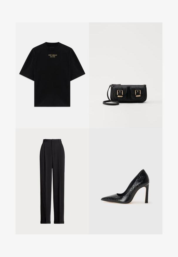 Melnas kokvilnas T-krekls ar īsām piedurknēm, apaļu kakla izgriezumu, ar zelta drukātiem burtiem "JUST CAVALLI TRUE LOVER" priekšā.; Melnas piegriezuma bikses ar augstu jostasvietu, priekšā ar krokām, taisna kāju dizains un ar aprocēm. Izgatavotas no gludas auduma.; Melni augstpapēžu apavi ar norādītu purngalu, ar krokodila ādas tekstūru, izceļoties ar elegantu dizainu, augstu stiletto papēdi un gludu melnu interjeru.; Melnas ādas crossbody soma ar divām priekšējām kabatām, zelta sprādzēm, ar rāvējslēdzēju aizdari un šauru siksnu. Strukturēta virsma un kompakta taisnstūra forma.