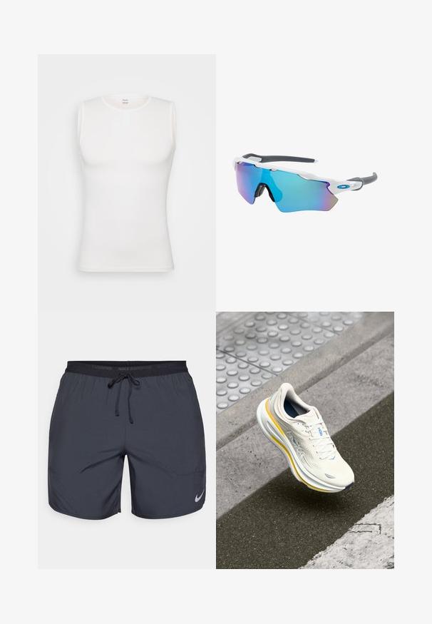 Bela brezrokavna majica iz teksturirane tkanine s krožnim izrezom in detajlom gumba. Gladek videz, oprijet kroj in enostaven dizajn.; Nike tekaški kratki hlače v temno sivi barvi, z elastičnim pasom in vrvico za zategovanje ter srebrnim logotipom na spodnjem desnem delu noge.; Bela in rumena HOKA športna obutev lebdi nad teksturiranim pločnikom in robnikom ceste blizu pešpoti.; Sončne očala z belim okvirjem, sivi detajli in modrimi zrcalnimi lečami. Športna zasnova, ovitek oblike in nastavljivi nosni blazinici.