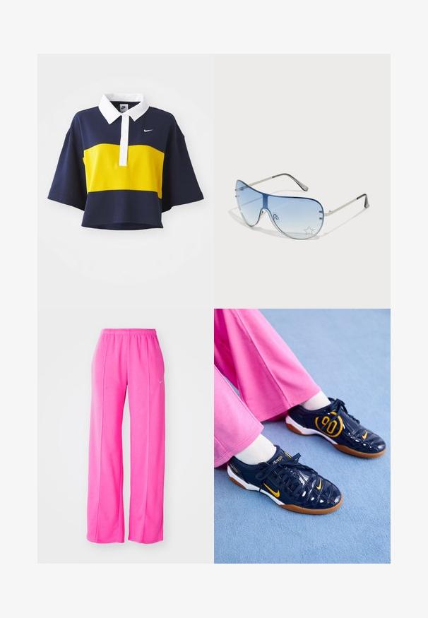 Polo de manga curta com o corpo em azul-marinho, faixa horizontal amarela e gola branca. Apresenta o logo da Nike em branco no peito. Tecido de mistura de algodão.; Calças de moletão cor-de-rosa, largas e leves, com um cós elástico e costuras laterais. Apresenta um pequeno logótipo perto da parte superior da coxa esquerda.; Sapatilhas sintéticas em azul-marinho com detalhes em laranja, apresentando um cabedal texturizado, sola branca e cordões pretos. Combinadas com calças largas rosas.; Óculos de sol aviador com lentes azuis em degradê, armação metálica prateada e detalhes decorativos de estrelas nas lentes. Design suave e elegante.