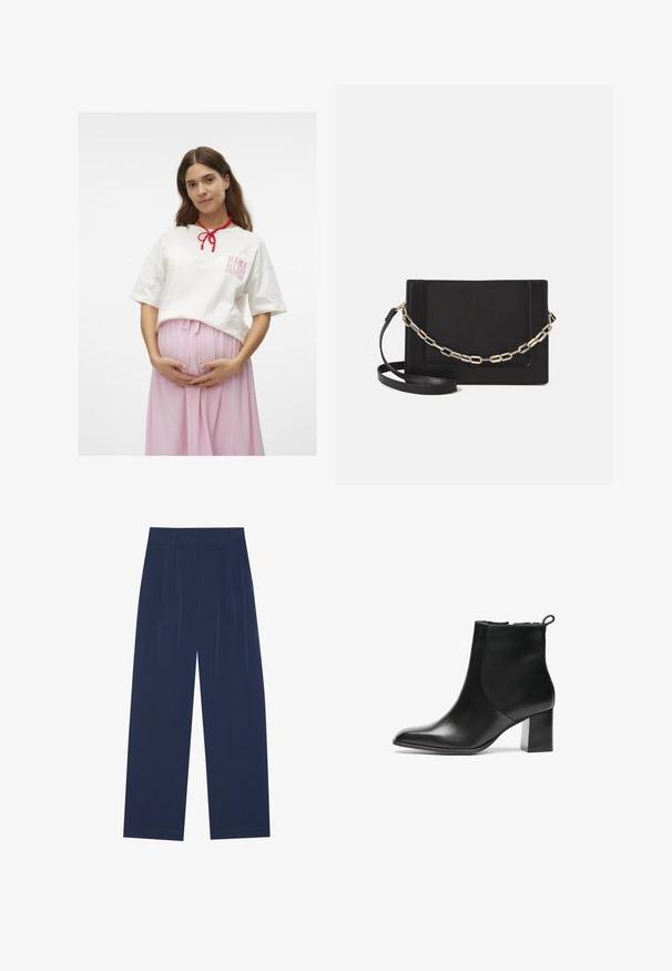 Hvit bomull t-skjorte med rosa grafisk tekst, sammen med et flytende rosa skjørt. Har en rød perlesmykke bundet rundt halsen.; Marineblå bukser med vide ben laget av mykt stoff, med frontfolder, en glatt tekstur og en rett passform uten synlige lommer.; Svarte skinn ankelstøvler med rund tå, middels høy blokkhæl og en trekkflik bak. Glatt tekstur, minimalistisk design.; Svart lær crossbody-veske med glatt tekstur, rektangulær form og metallkjede detaljer på framsiden. Justerbar stroppe inkludert.