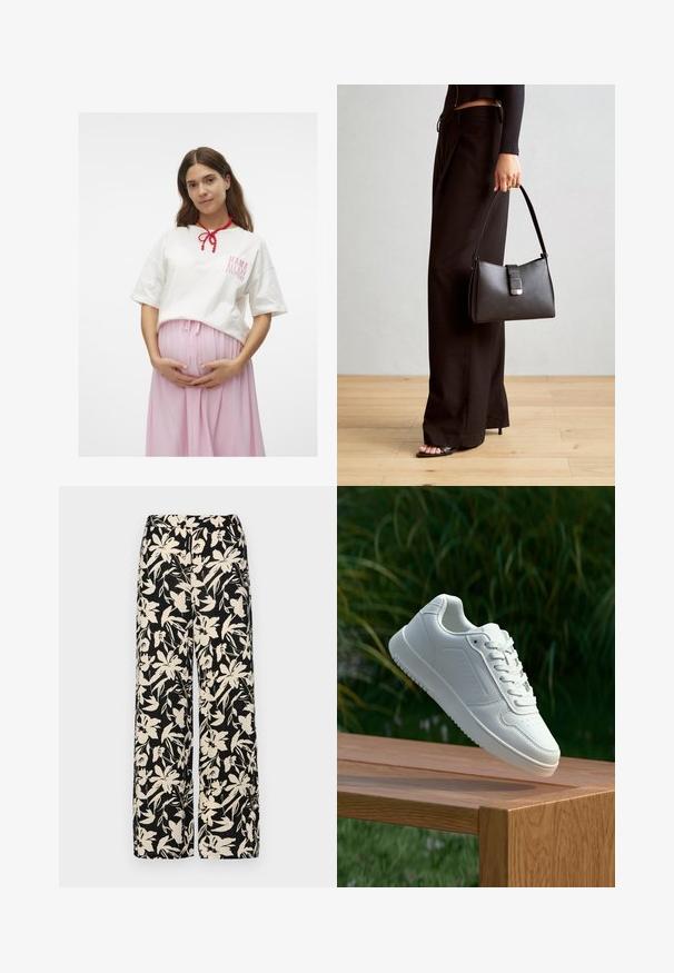 Camiseta de algodón blanca con un gráfico de texto en rosa, combinada con una falda rosa fluida. Presenta un collar de cuentas rojas atado al cuello.; Pantalones de pierna ancha negros con un patrón floral crema. Fabricados en un tejido ligero, con una textura suave y una cintura alta.; Zapatilla blanca con un upper sintético suave, caja de dedos perforada, cordones planos y una suela texturizada, exhibida sobre una superficie de madera.; Bolso negro con forma estructurada, textura suave y un cierre metálico. Combinado con pantalones anchos negros y sandalias de dedo en un suelo de madera.