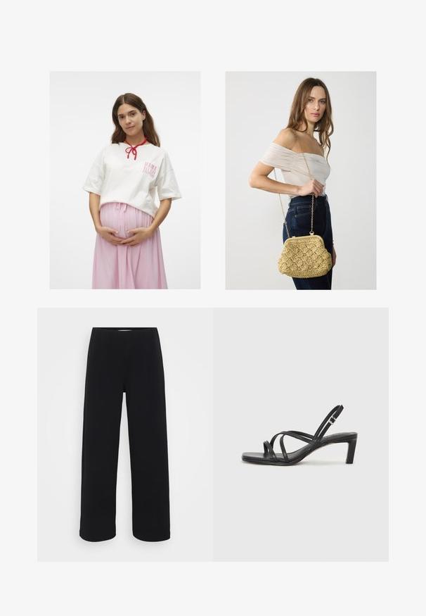 Camiseta de algodón blanca con un gráfico de texto en rosa, combinada con una falda rosa fluida. Presenta un collar de cuentas rojas atado al cuello.; Pantalones negros de pierna ancha con una cintura elástica. Fabricados con un material texturizado, presentan un corte suelto y recto desde las caderas hasta el dobladillo.; Sandalia negra de tiras con punta cuadrada y tacón bajo de bloque. Presenta múltiples tiras delgadas y una correa ajustable en el tobillo. Fabricada en cuero suave.; Bolso de paja tejido en color beige claro, con forma curva, cierre de broche y correa de cadena dorada. Superficie texturizada con un patrón de diamantes.