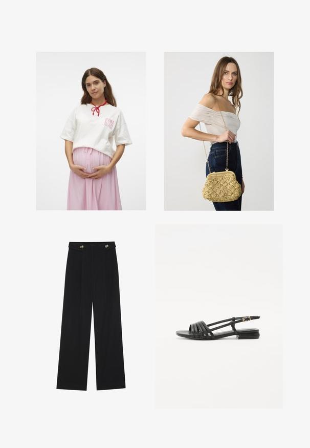 Valge puuvillane T-särk roosa graafilise tekstiga, kombineeritud voolava roosa seelikuga. Kaunistuseks on kaelas punasest helmest kaelakee.; Mustad laiad püksid kõrge vöökoha ja nööpdetailidega vööandil, esikortsudega.; Mustad mustad sandaalid, millel on rihmaga disain, sisaldades mitmeid nahkrihmu ja peene pahkluu sangaga. Tald on lame ja ristkülikukujuline.; Kootud õlgedest käekott helesbeezis, millel on kaarjas kuju, lukuga sulgemine ja kullavärvi ketistraps. Tekstuuriga pind, millel on rombikujuline muster.