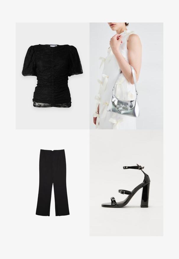 Top in pizzo nero con silhouette aderente, maniche a sbuffo corte, scollatura rotonda e dettagli arricciati sul davanti per creare texture.; Pantaloni neri a gamba dritta, con tasche frontali e spacchi laterali all'orlo. Realizzati in tessuto morbido e liscio. Adatti a diverse occasioni.; Sandali con tacco in vernice nera, con punta squadrata, cinturini alla caviglia e fibbie in argento. Presentano un tacco a blocco spesso per maggiore stabilità.; Borsa a mano metallica argento con forma strutturata, dotata di manico superiore e dettaglio a fiocco sulla parte frontale. Texture liscia e finitura riflettente.