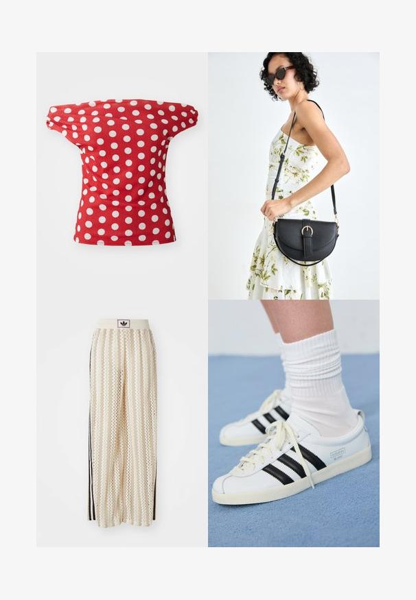 Top vermelho de mangas curtas com um design fora dos ombros, apresentando bolinhas brancas. Feito de um tecido suave com um formato ajustado.; Calças largas de cor creme com um padrão em zigzag, apresentando uma cintura com logotipo preto e riscas laterais pretas. Tecido leve e texturizado.; Tenis brancos de couro com riscas pretas, sola em creme e atacadores claros. Usados com meias brancas com nervuras, posicionados sobre um fundo azul.; Bolsa de couro preta com forma curva, alça destacável e detalhes em dourado. A bolsa possui uma aba com detalhe de fivela.