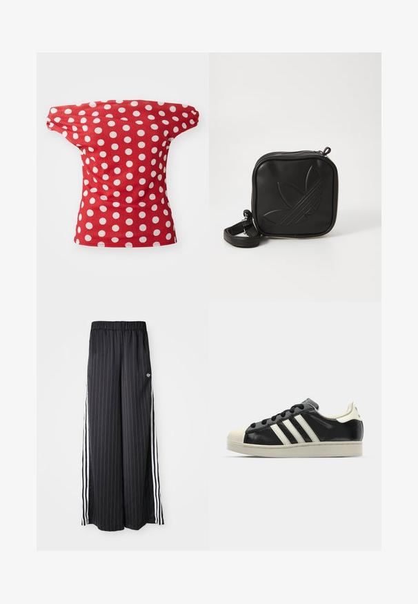 Red short-sleeve top with an off-the-shoulder design, featuring white polka dots. Made of smooth fabric with a fitted shape.; Black wide-leg pants with vertical white stripes, elastic waistband, and three white stripes along the side. Adidas logo on the front.; Black leather sneaker with white stripes, rubber toe cap, black laces, and a cream-colored outsole. Smooth texture with shiny finish.; Black square crossbody bag made of textured synthetic material. Features an embossed logo design and adjustable strap. Zipper closure.