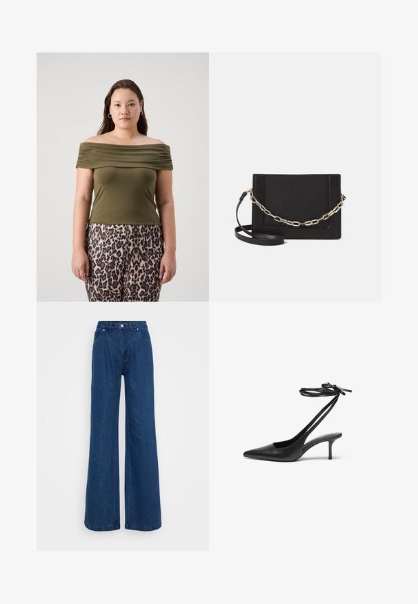 Olivengrønn av-høyre-skulder topp med rynkedetaljer. Kombinert med dyreprintbukser i nyanser av brunt og svart. Glatt, elastisk stoff.; Bredde ben jeans i blå denim med høy midje, frontlås med knapp og glidelås, samt front- og baklommer mot en ensfarget bakgrunn.; Sorte lær stiletto-sko med spiss tå, åpen bakdel og ankelremmer knyttet i sløyfe. Tynn 3-tommers hæl. Glatt tekstur, minimalistisk design.; Svart lær crossbody-veske med glatt tekstur, rektangulær form og metallkjede detaljer på framsiden. Justerbar stroppe inkludert.